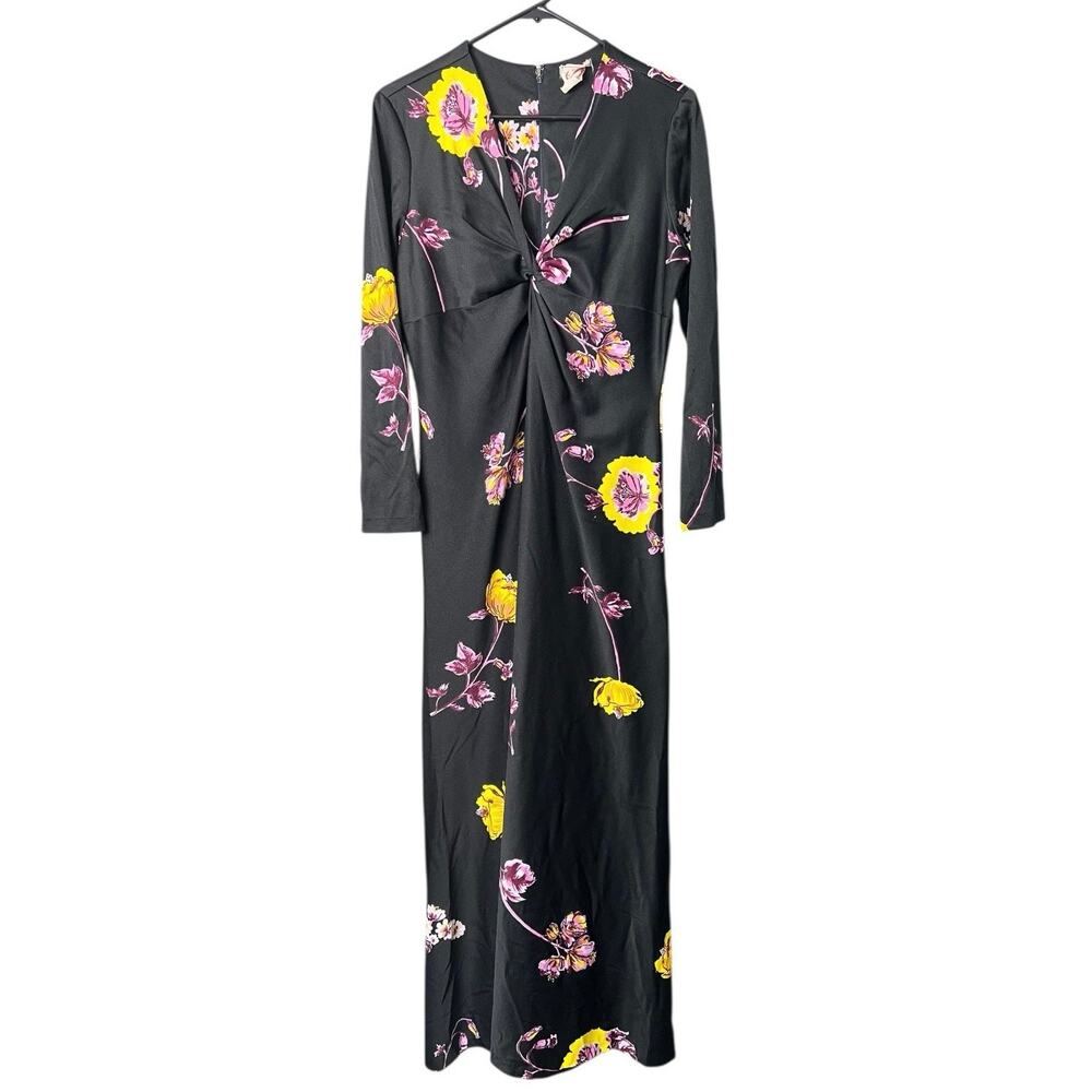 Vintage 70s Floral Twist Front Maxi Dress Black Pink Yellow Disco Hostess - S/M